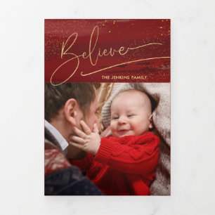 Gold Believe Calligraphy, Sparkles Photo - Red BG Tri-Fold Card