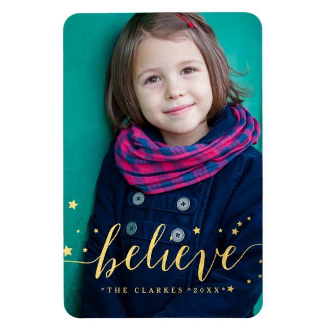 Gold Believe Handwriting | Holiday Full Photo Magnet (Vertical)