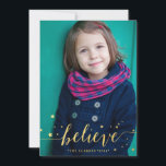 Gold Believe Handwriting | Holiday Photo Card<br><div class="desc">Printed Gold Foil Believe Holiday Photo Card. Elke Clarke© Send out your Christmas holiday greetings to your friends and family using this beautifully, simple, contemporary holiday photo card with the word "Believe" in classic handwriting gold typography text overlay design in a vertical card format. Pretty confetti gold star pattern surround...</div>