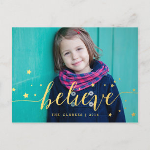 Gold Believe Handwriting   Holiday Photo Postcard
