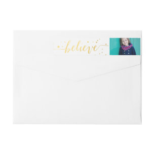 Gold Believe Handwriting Photo Return Address Wrap Around Label