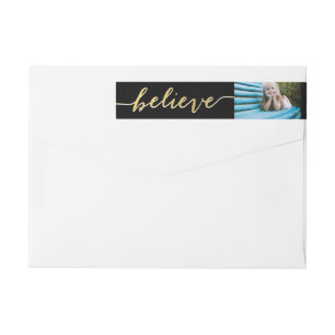 Gold Believe Holiday Photo Return Address Wrap Around Label
