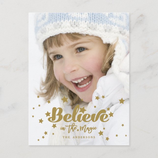Gold Believe Magic Hand Lettered Holiday Photo Postcard (Front)