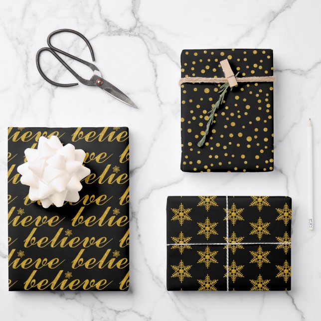 Gold believe, snowflake polka dots black Christmas Wrapping Paper Sheet (Front)