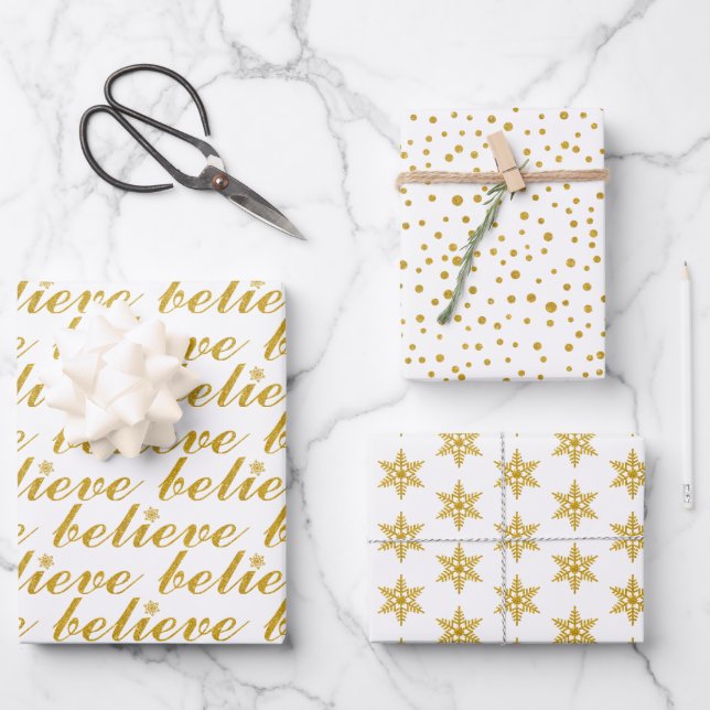 Gold believe, snowflake polka dots christmas wrapping paper sheet (Front)