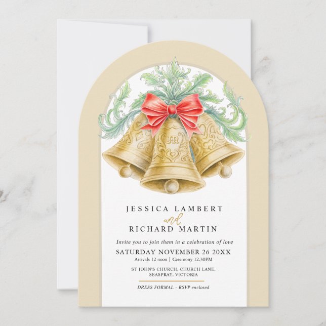 Gold bells bow watercolor arch Christmas Wedding Invitation (Front)