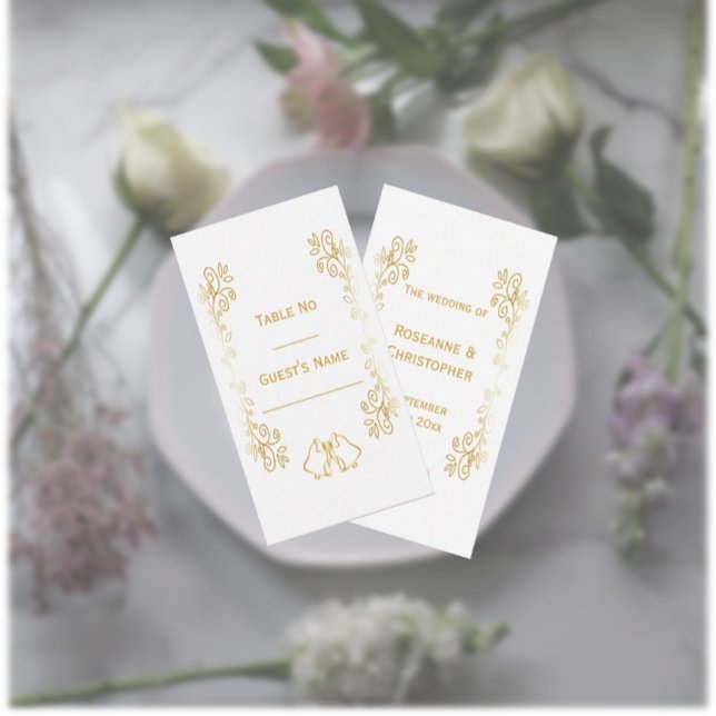 Gold Bells Scrollwork Design Wedding Place Card (Gold wedding place setting card bells and scrollwork design)