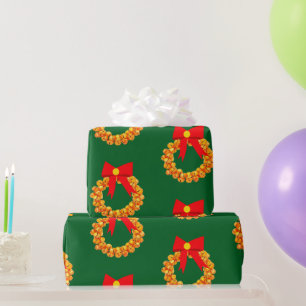 Gold Bells Wreath Green Wrapping Paper