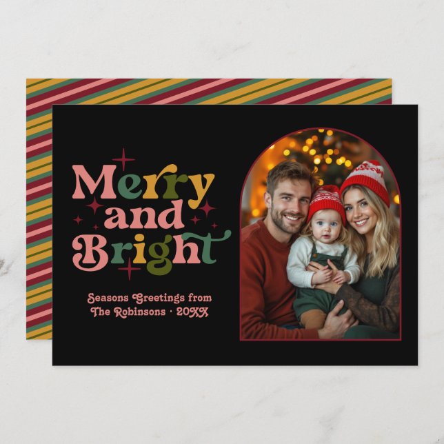 Gold Berry Blush Pine Retro Christmas Family Photo Holiday Card (Front/Back)