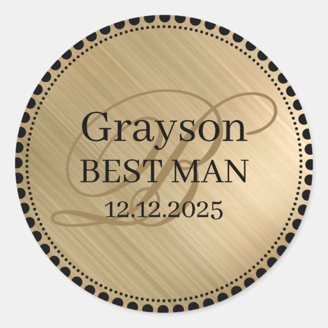 Gold Best Man Monogram Classic Round Sticker (Front)