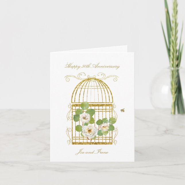 Gold Birdcage with White Roses Greeting Card (Front)