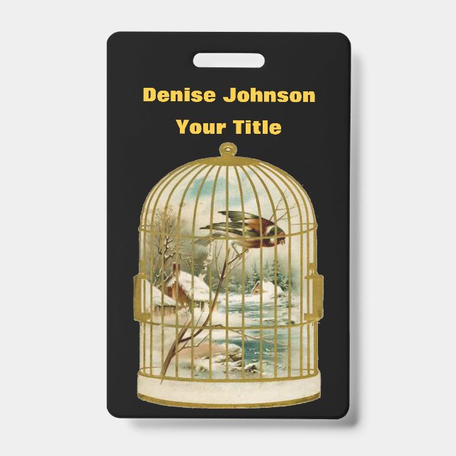 Gold Birdcage With Winter Cabin Scene Bird Black ID Badge (Front)