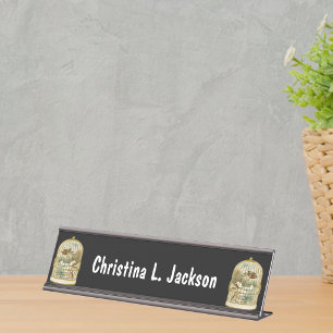Gold Birdcages with Birds Overlooking Cabin Snow Desk Name Plate