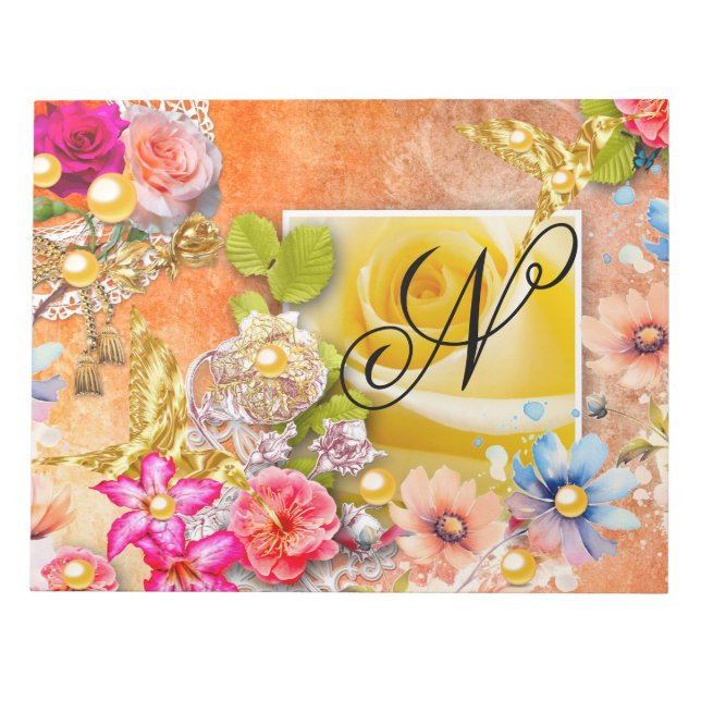 Gold Birds Floral Garden Pink Yellow Roses Pearls  Notepad (Front)