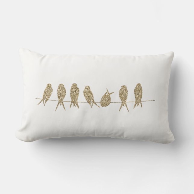 Gold Birds on a Wire Lumbar Throw Pillow Cushion (Front)