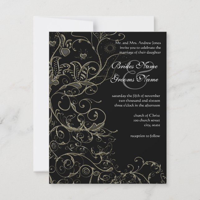 Gold Birds & Swirls Wedding Invitations (Front)
