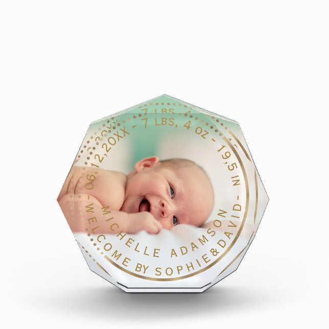 Gold Birth Announcement Keepsake Gemstone Photo Block (Front)