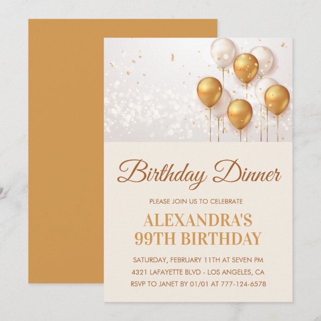 Gold Birthday Dinner 99th birthday invitation  (Front/Back)