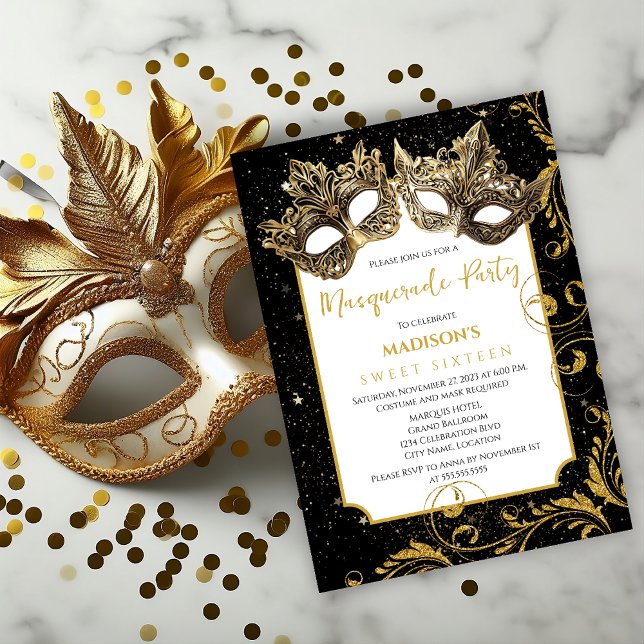 Gold Birthday Masquerade Party Invitation (Celebrate sweet 16 or other birthday age by inviting your guests with this elegant masquerade invite)