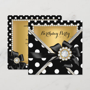 Gold Birthday Party Black White Polka Dots Invitation