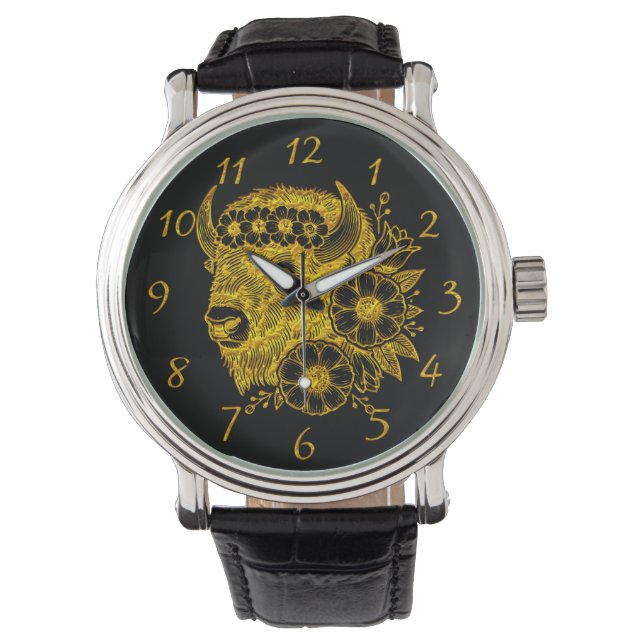 Gold Bison Adorned With Flowers and Foliage Watch (Front)