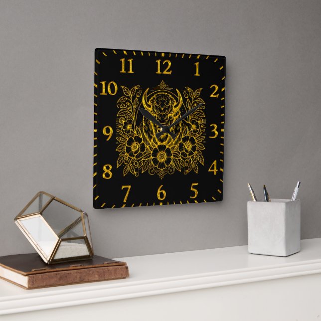 Gold Bison Among Flowers Square Wall Clock (Office)