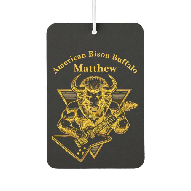 Gold Bison Buffalo Rocking out on Guitar Car Air Freshener (Front)