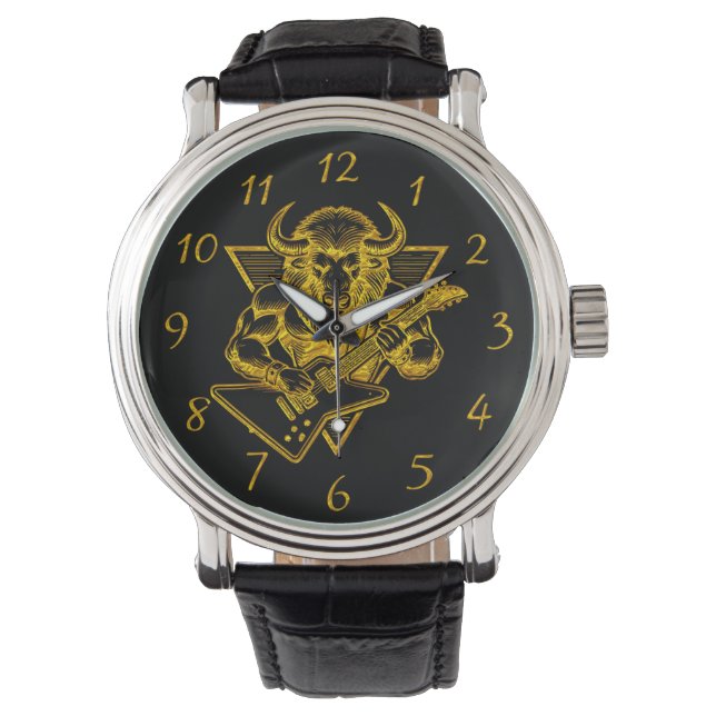 Gold Bison Buffalo Rocking out on Guitar Watch (Front)