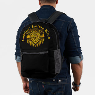 Gold Bison Head With Mountains and Trees Printed Backpack