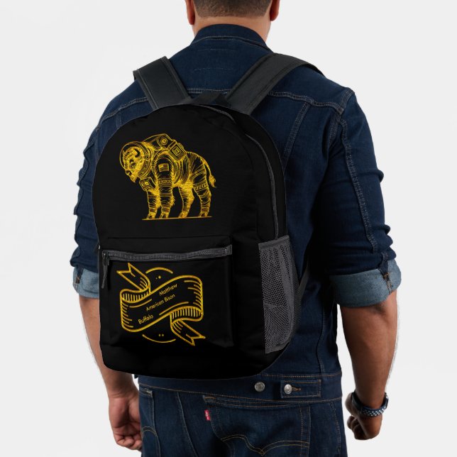 Gold Bison in Astronaut Suit Exploring Space Printed Backpack (Insitu (Model))