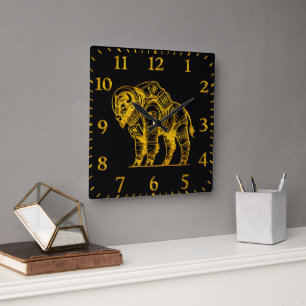 Gold Bison in Astronaut Suit Exploring Space Square Wall Clock
