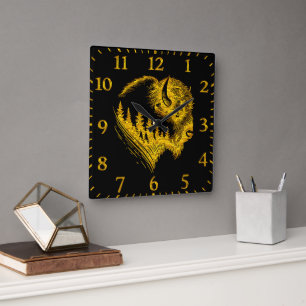 Gold Bison Portrait With Forest Silhouette Design Square Wall Clock