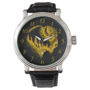 Gold Bison Portrait With Forest Silhouette Design Watch