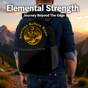 Gold Bison Roaming Under a Moonlit Mountain Sky Printed Backpack