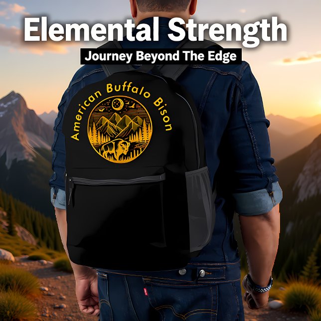 Gold Bison Roaming Under a Moonlit Mountain Sky Printed Backpack (Creator Uploaded)