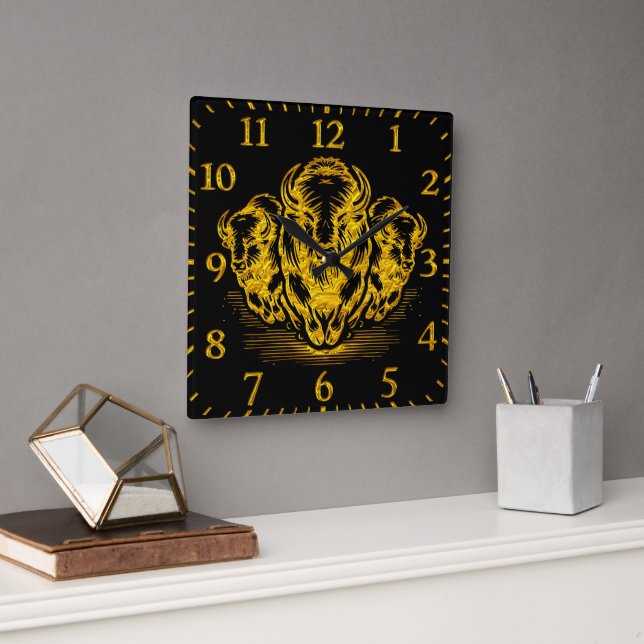 Gold Bison Stampede in a Wild Prairie Setting Square Wall Clock (Office)