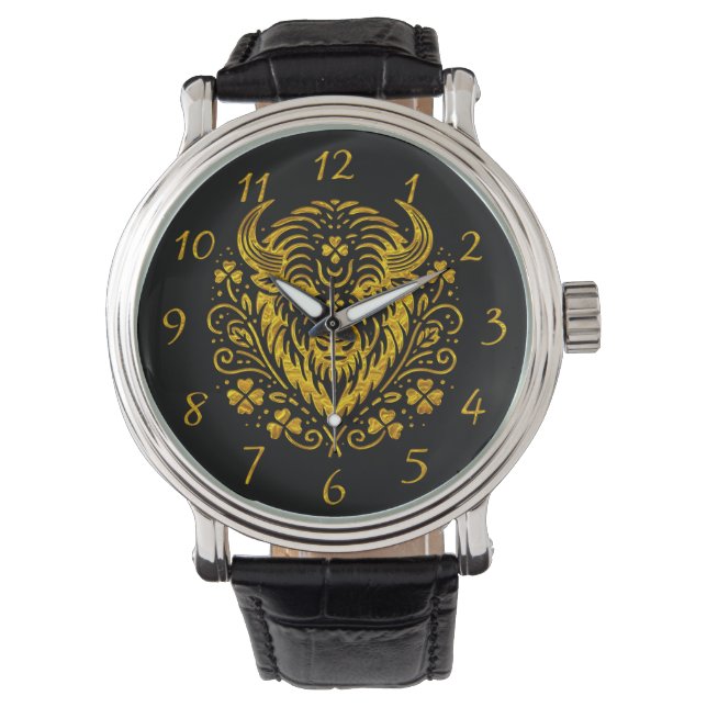 Gold Bison With Floral Design Watch (Front)