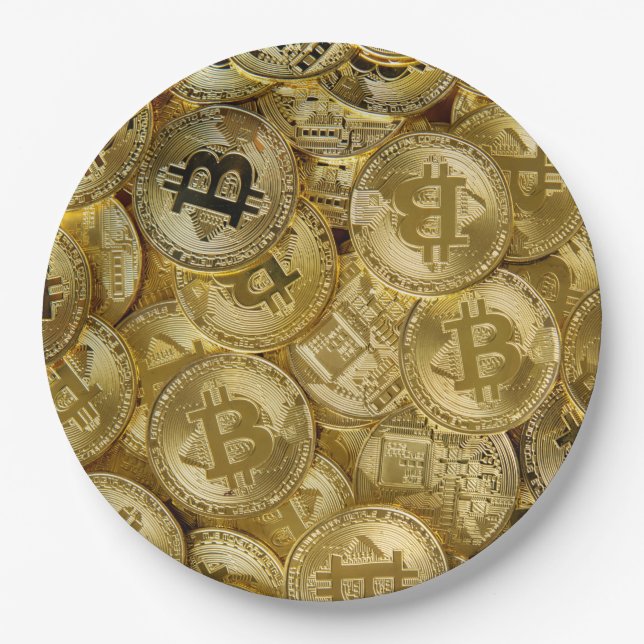 Gold Bitcoin BTC Cryptocurrency Coin Pattern Paper Plate (Front)