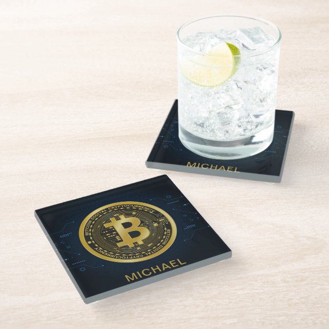 Gold Bitcoin Cryptocurrency Personalised Name Glass Coaster (Angled)