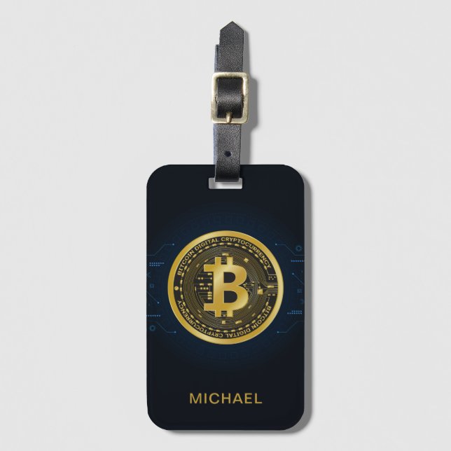 Gold Bitcoin Cryptocurrency Personalised Name Luggage Tag (Front Vertical)