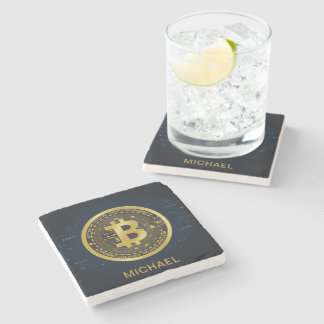 Gold Bitcoin Cryptocurrency Personalised Name Stone Coaster
