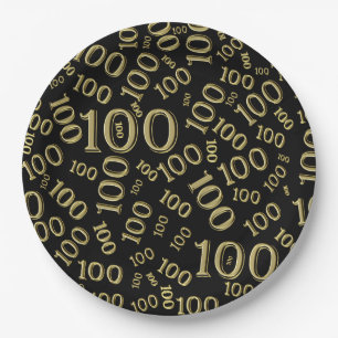 Gold/Black 100th Birthday Party Number Pattern Paper Plate