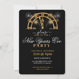 GOLD & BLACK, 12 0'CLOCK, NEW YEARS PARTY INVITATION