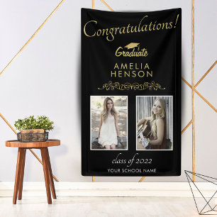 Gold Black 2022 Graduate 2 Photo Graduation Party Banner