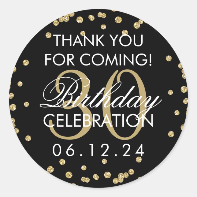 Gold Black 30th Birthday Thank You Confetti Classic Round Sticker (Front)