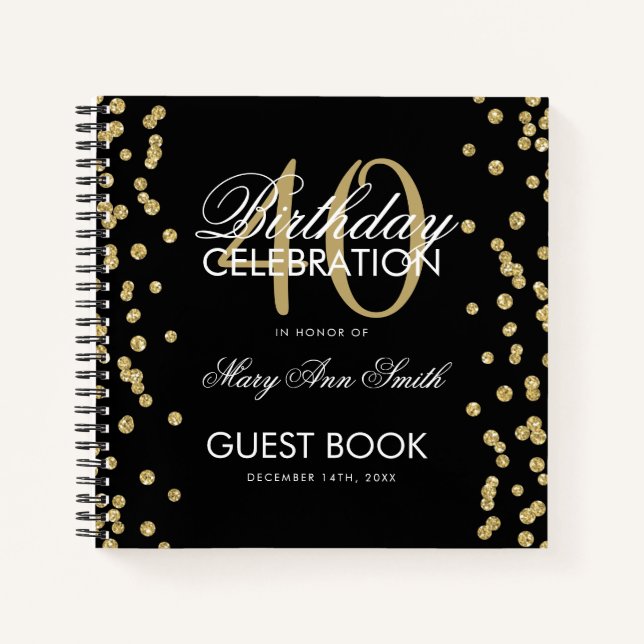 Gold Black 40th Birthday Guestbook Confetti Notebook (Front)