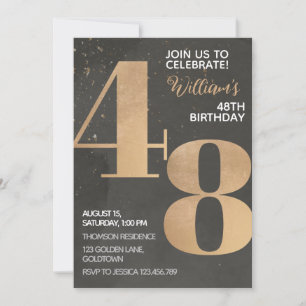 Gold Black 48th Birthday Invitation