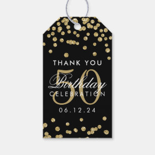 Gold Black 50 Birthday Thank You Glitter Confetti Gift Tags