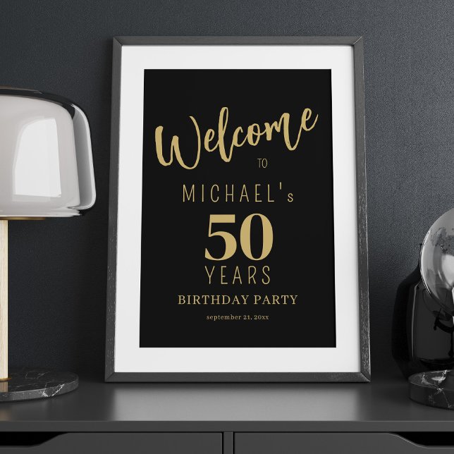 Gold black 50 years birthday party welcome sign (Creator Uploaded)