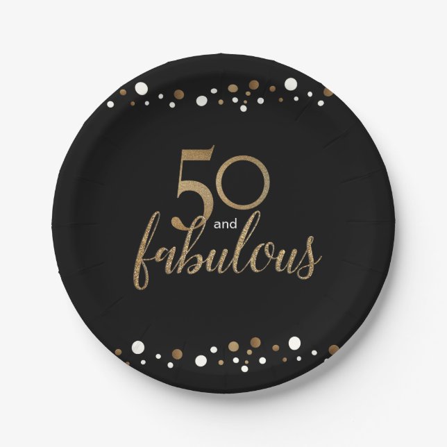 Gold Black 50th birthday 50 and fabulous Paper Plate (Front)